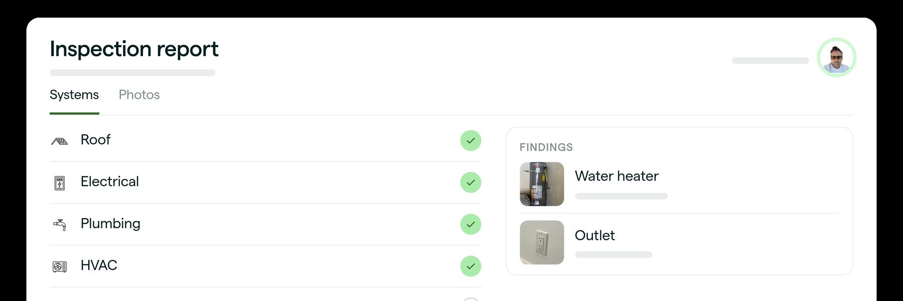 Buyer's inspection report showing roof, electrical, plumbing, HVAC and attic results