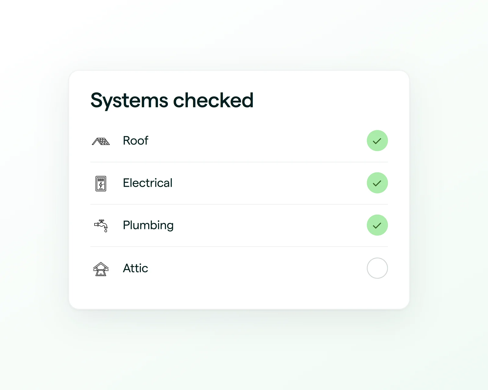 Inspection checklist marking roof, electrical, plumbing and attic as checked