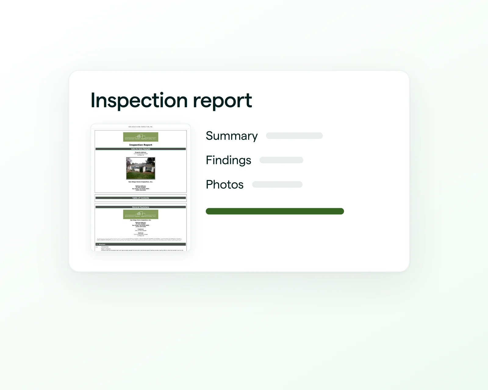 Home inspection report summary listing findings, photos and a completion bar