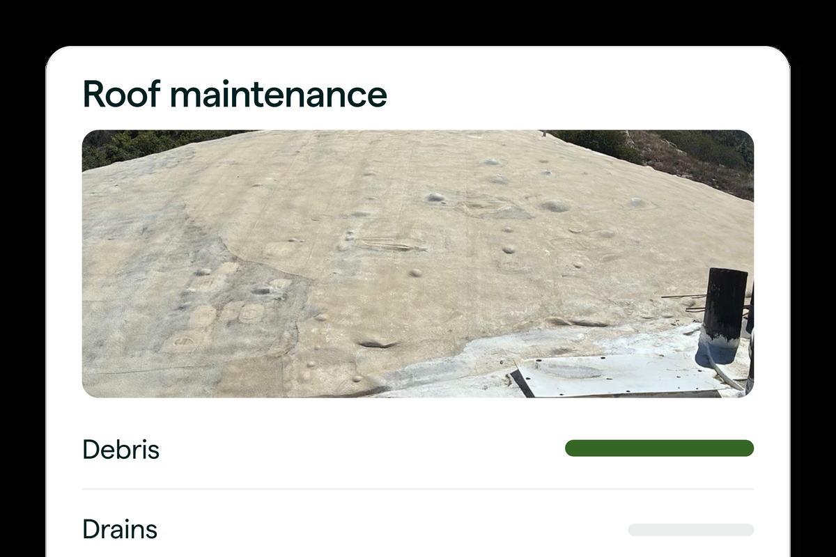 Commercial roof maintenance card tracking debris clearing and drain condition