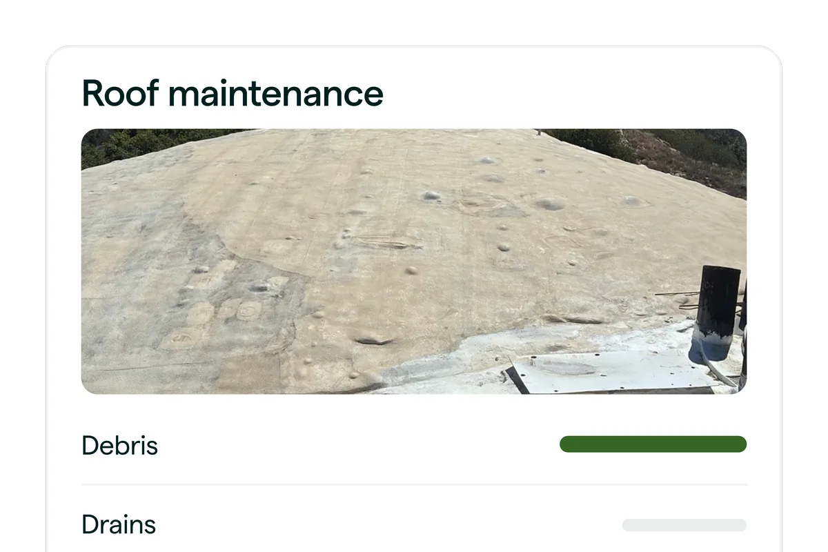 Commercial roof maintenance card tracking debris clearing and drain condition