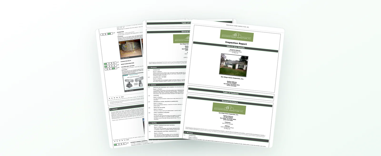 Fanned pages from a sample San Diego home inspection report