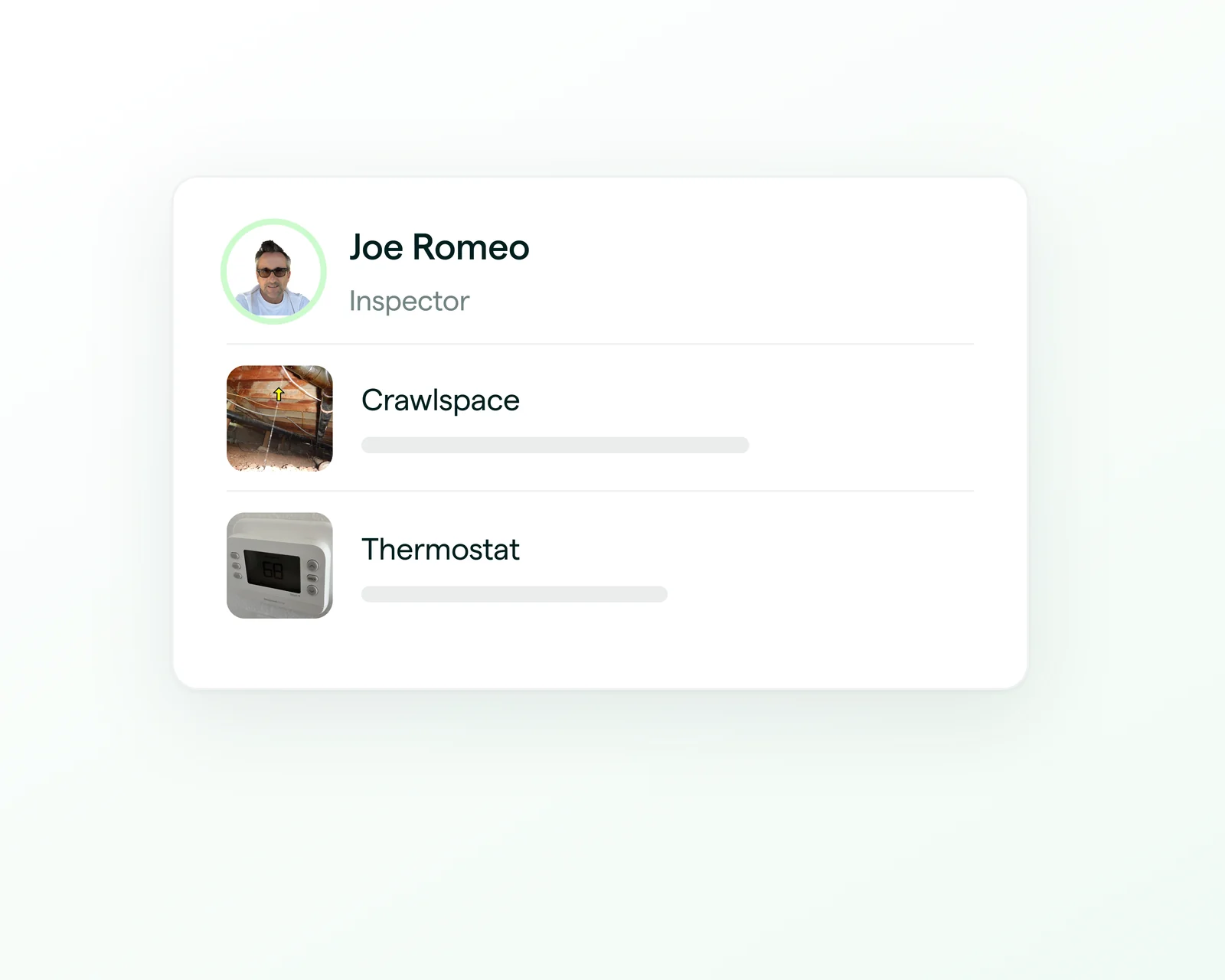 Inspector's findings card for Joe Romeo, with crawlspace and thermostat photos