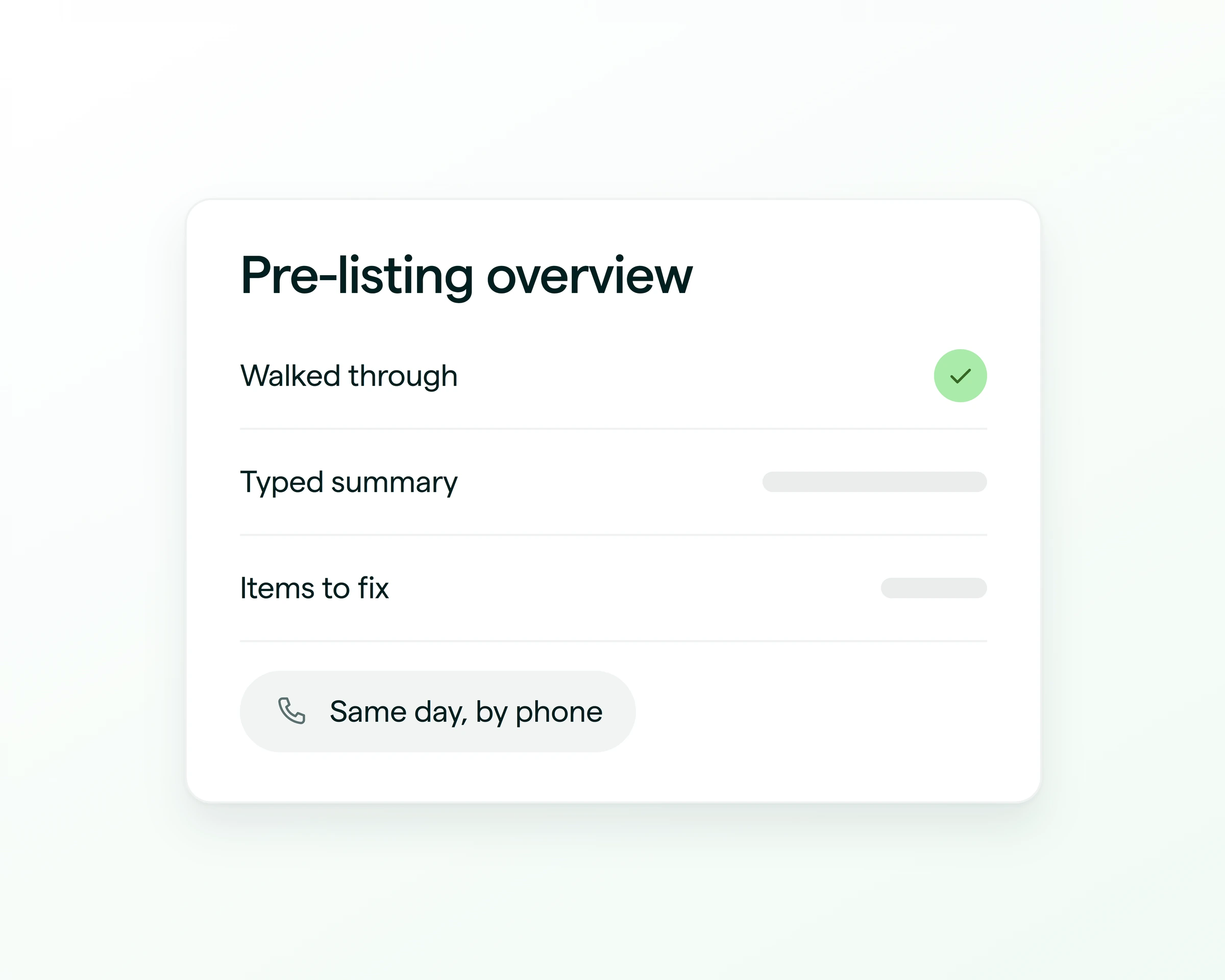 A pre-listing overview: walked through, typed summary, items to fix