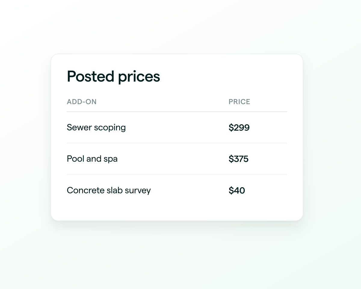 The posted add-on prices: sewer scoping, pool and spa, and the concrete slab survey