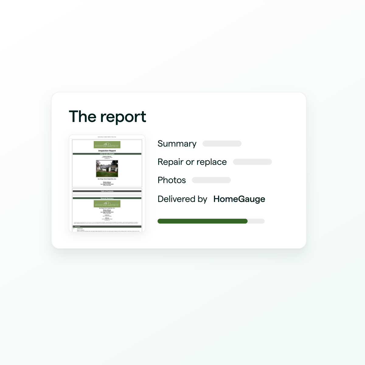 The report: every component, a repair-or-replace list and an annotated photo for each item