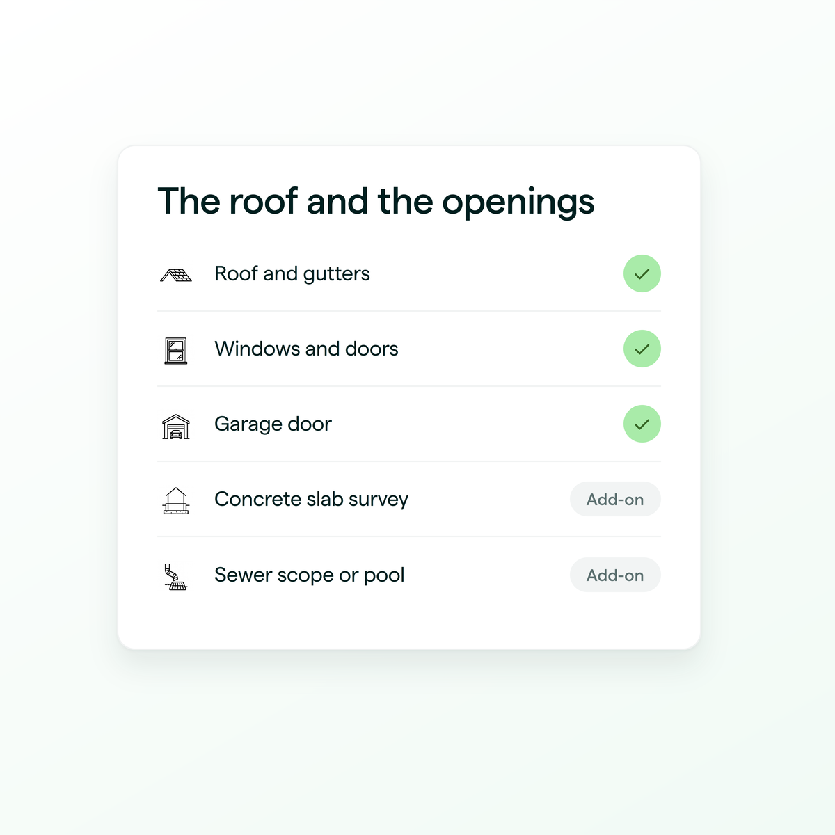 The roof, the openings and the add-ons, with the add-ons marked as extras