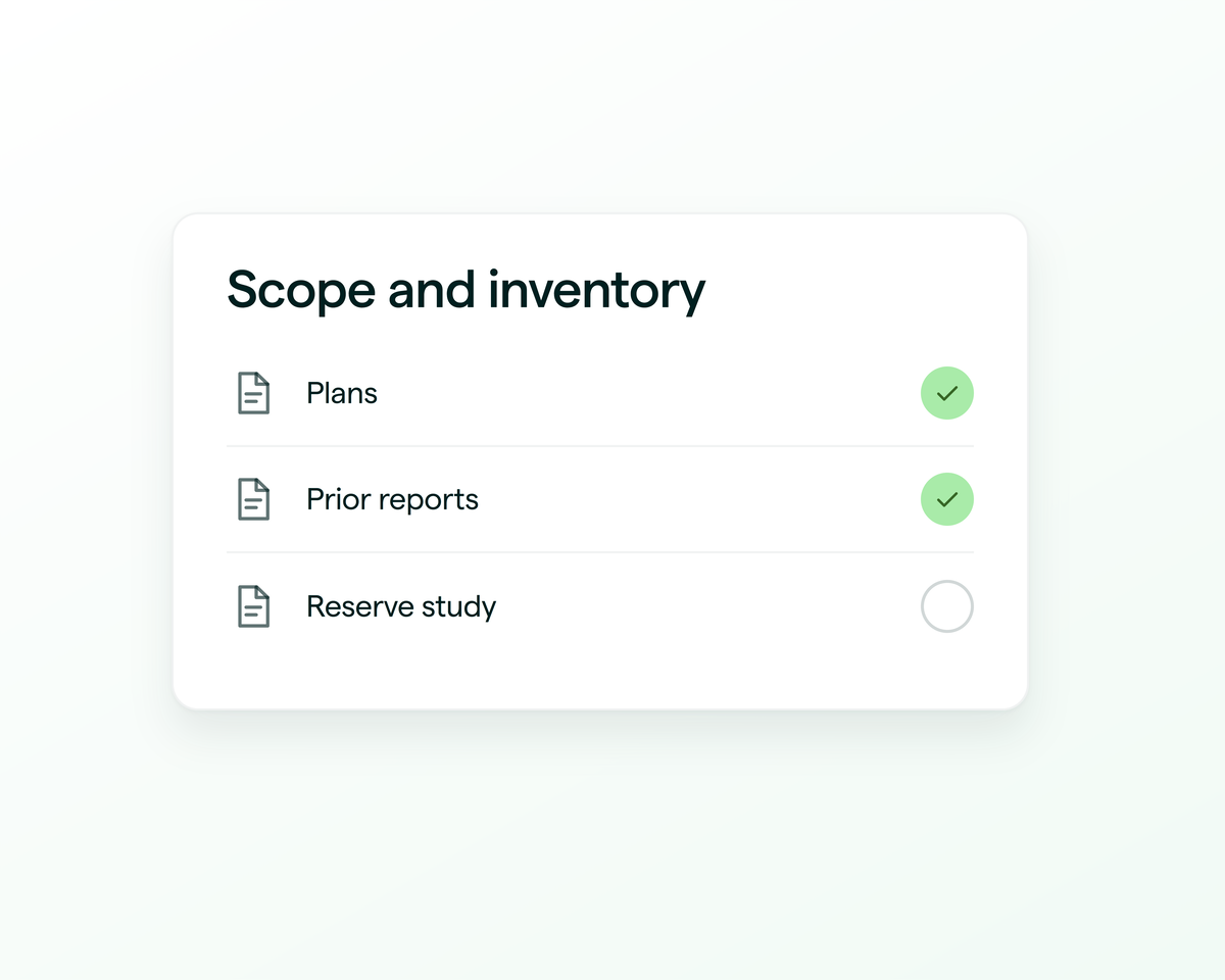 Step one: plans, prior reports and the reserve study reviewed, then every elevated element inventoried