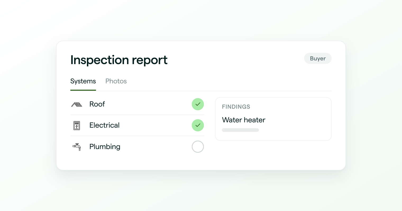 A buyer inspection report open on the systems list, with the findings column beside it