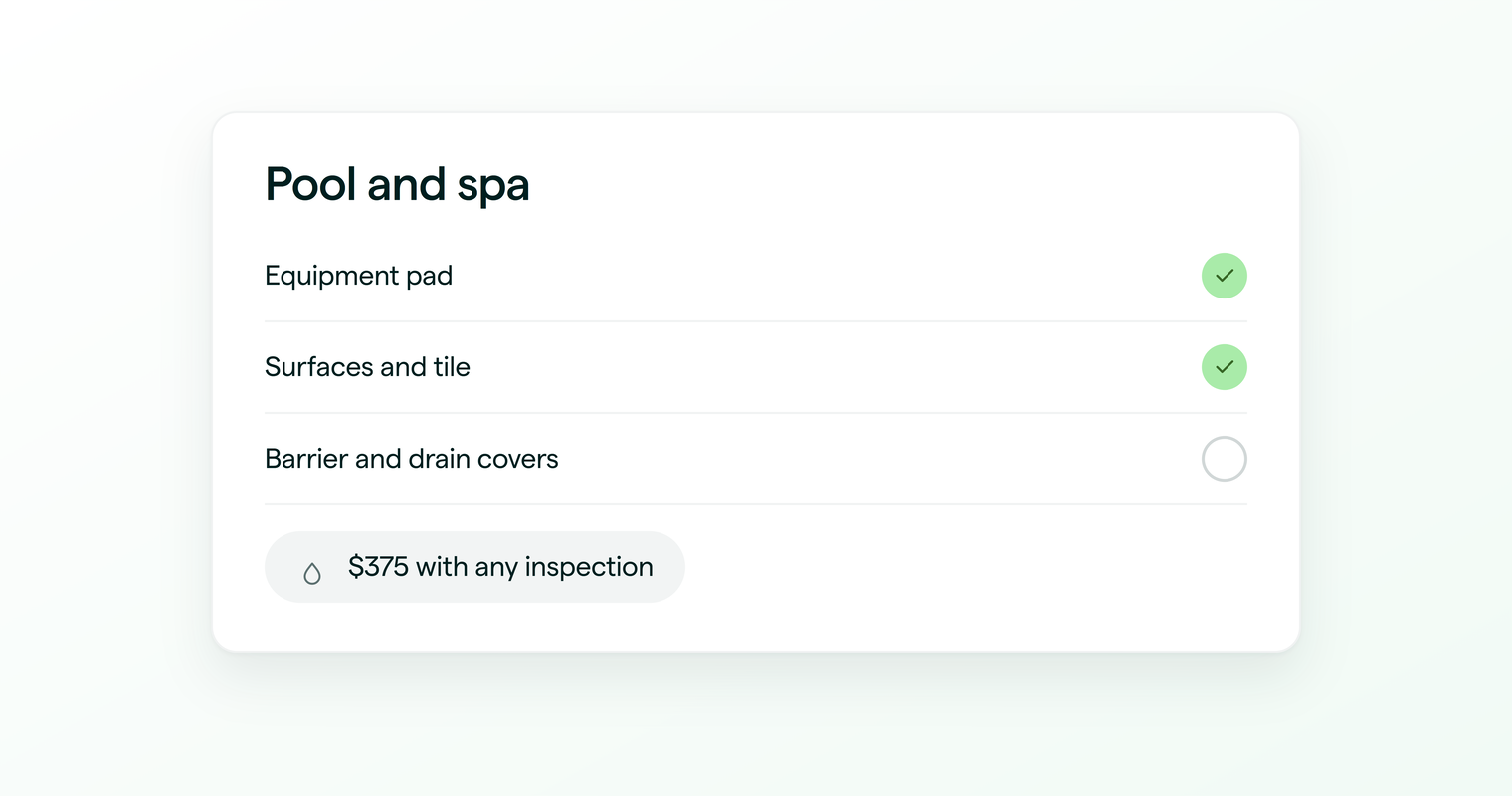 A pool and spa inspection covering equipment, surfaces and the safety barrier