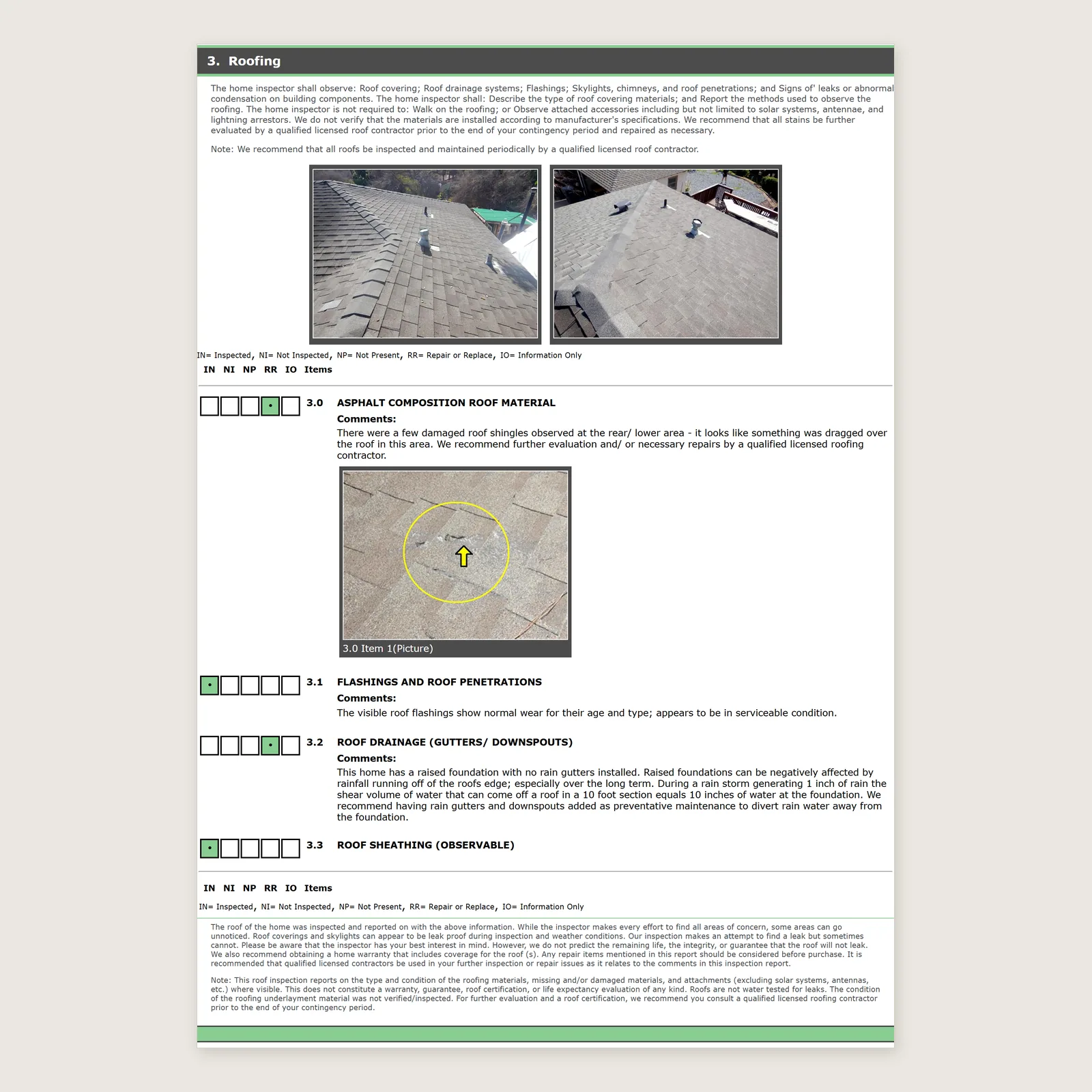 Section 3, Roofing: item 3.0 marked Repair or Replace, with the damaged shingle circled in the photo