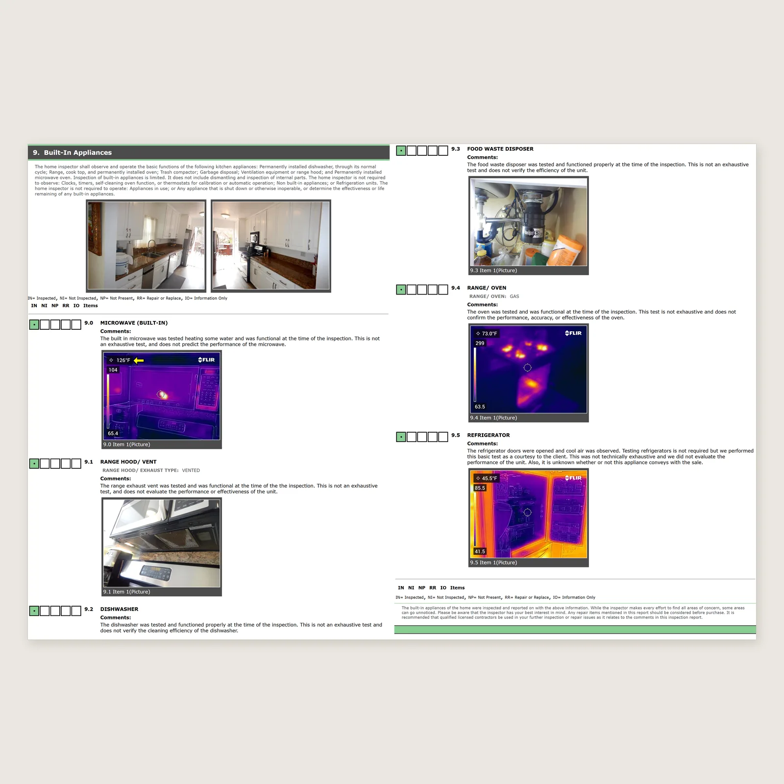 Section 9, Built-In Appliances: every item marked Inspected, with nothing flagged for repair