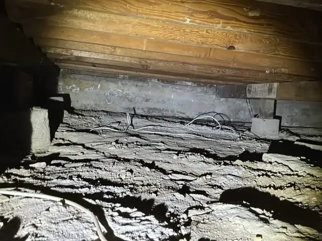 Crawlspace under the floor: joists and girder, concrete stem wall, piers and the wiring run