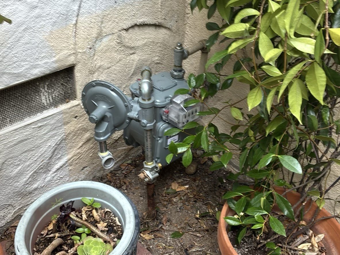 Exterior natural gas meter and pressure regulator mounted on stucco wall, surrounded by green shrubs, clearly showing the gas supply equipment