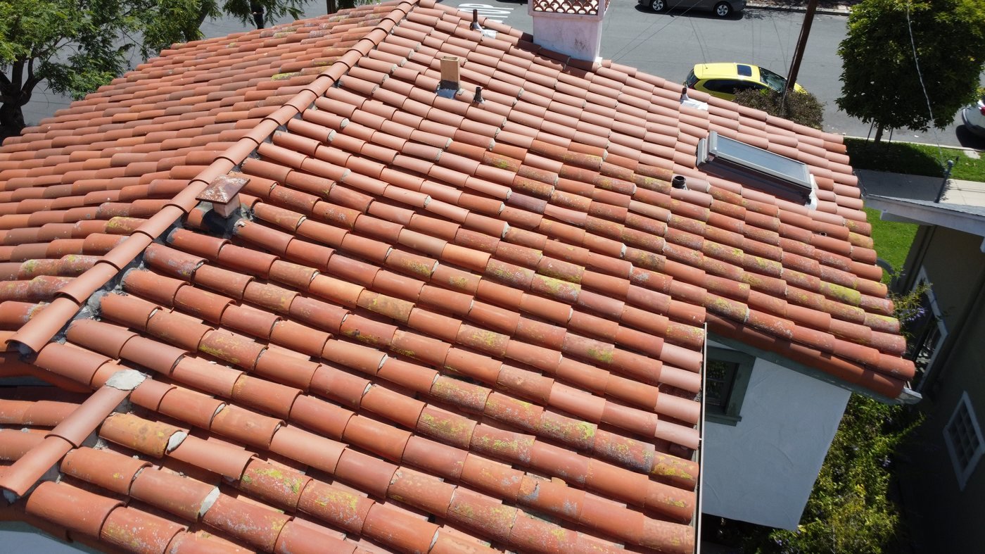 Elevated rooftop-level DSLR photo of a clay tile roof showing the chimney, a skylight, and adjacent asphalt shingle roof with street and trees visible in the background