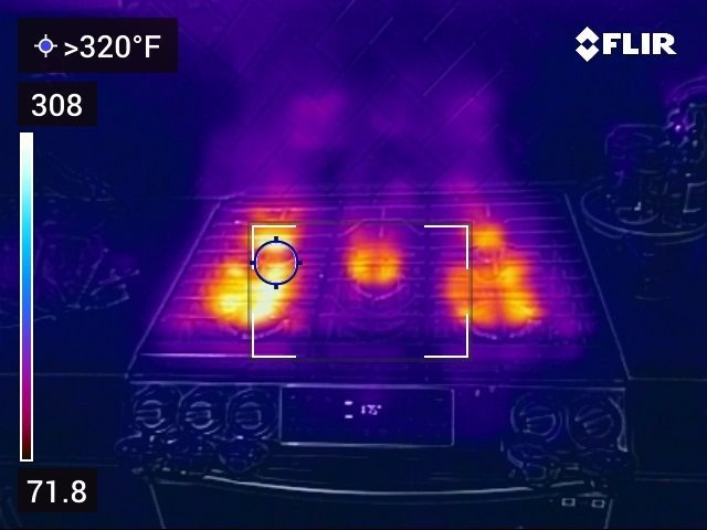 Thermal infrared image of a gas cooktop with four burners lit, each glowing bright orange and red at over 320 degrees Fahrenheit on a dark blue background