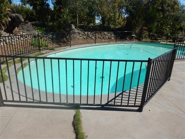 Black iron vertical-bar safety fence enclosing a turquoise swimming pool on a residential property with mature trees